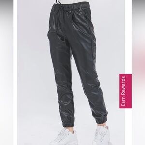 Love Tree vegan leather black drawstring jogger with 4 pockets.
